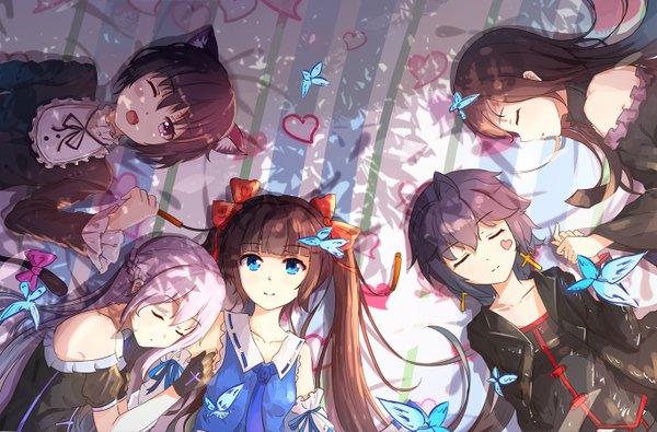 Anime picture 1364x900 with original pixiv fantasia pixiv fantasia t byakuya reki long hair blush short hair open mouth blue eyes black hair multiple girls animal ears white hair lying eyes closed one eye closed wink cat ears cat girl girl