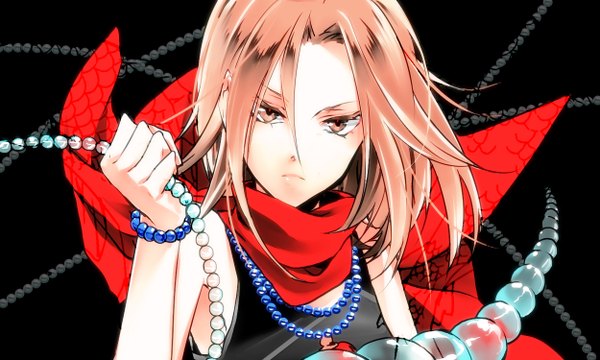 Anime picture 1250x750 with shaman king xebec kyouyama anna aoi sakurako single looking at viewer simple background blonde hair wide image bare shoulders brown eyes wind black background girl scarf beads prayer beads