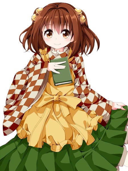 Anime picture 750x1000 with touhou motoori kosuzu ruu (tksymkw) single long hair tall image looking at viewer fringe simple background smile brown hair white background brown eyes traditional clothes japanese clothes two side up hair bell girl book (books) bell