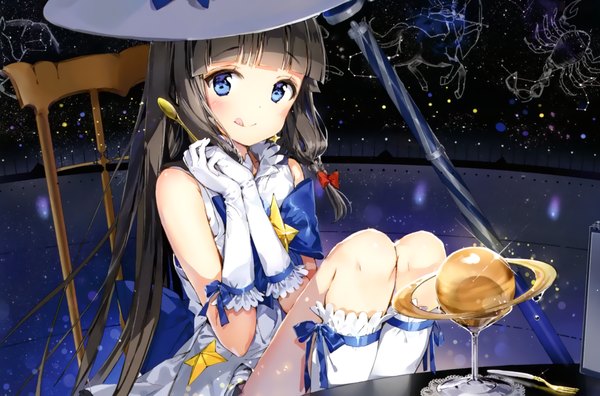 Anime picture 1730x1144 with houkago no pleiades itsuki (houkago no pleiades) anmi single long hair looking at viewer blush fringe highres blue eyes smile wide image sitting holding bent knee (knees) blunt bangs head tilt scan sleeveless hands clasped