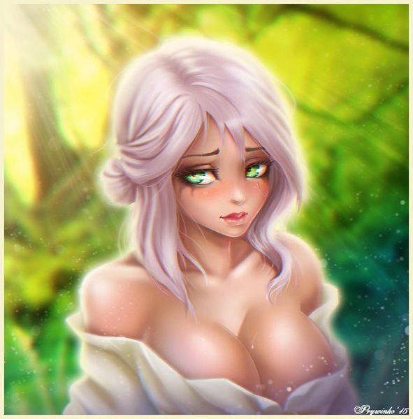 Anime picture 1998x2028 with the witcher the witcher 3 wild hunt ciri olga narhova single long hair tall image looking at viewer blush highres breasts light erotic large breasts bare shoulders green eyes signed silver hair light smile lips sunlight