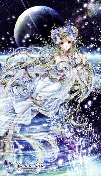 Anime picture 2680x4661 with shiitake (gensoudou) single tall image blush fringe highres blonde hair smile purple eyes bare shoulders looking away braid (braids) very long hair barefoot hair flower lips milky way girl dress hair ornament