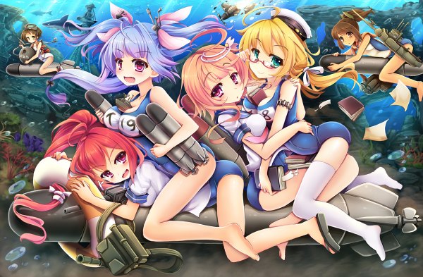 Anime picture 1200x786 with kantai collection i-19 submarine i-58 submarine i-168 submarine i-401 aircraft carrying submarine i-8 submarine maruyu submergence transport vehicle goushou long hair blush short hair open mouth blue eyes light erotic blonde hair brown hair purple eyes multiple girls blue hair pink hair