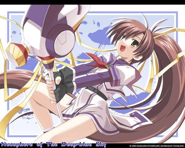 Anime picture 1280x1024 with aoi umi no tristia aoi sora no neosphere deep-blue series nanoca flanka single fringe open mouth hair between eyes ponytail very long hair :d copyright name between legs girl gloves weapon fingerless gloves hammer