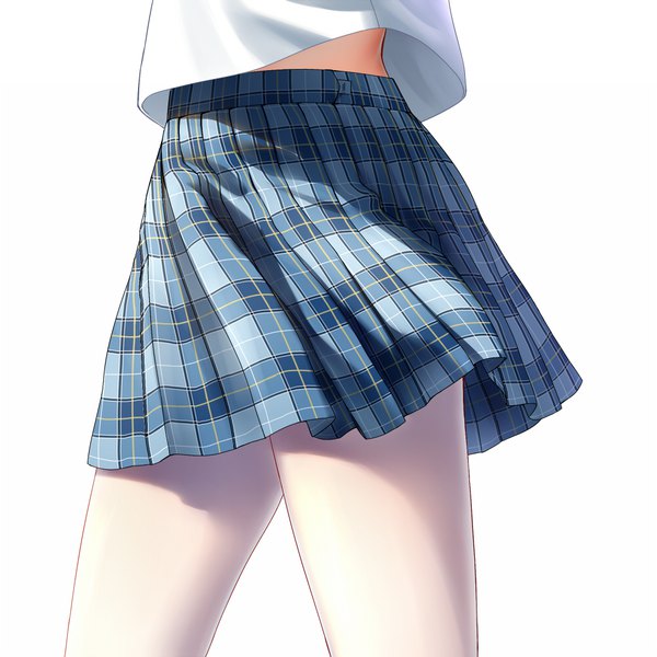 Anime picture 1000x1000 with original haneru single simple background white background pleated skirt plaid skirt close-up head out of frame walking girl skirt uniform school uniform pantyhose white pantyhose