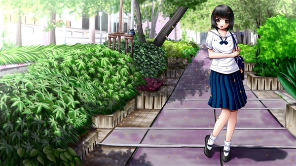Anime picture 1920x1080 with original ilolamai single highres short hair black hair wide image yellow eyes girl plant (plants) tree (trees) serafuku