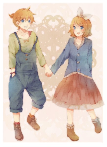 Anime picture 1202x1649 with vocaloid kagamine rin kagamine len chizu (sweet*cheese) tall image blush short hair open mouth blue eyes blonde hair holding hands border hand in pocket twins casual girl boy skirt bow hair bow