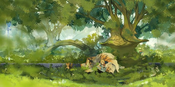 Anime picture 1680x840 with original sashimin short hair open mouth blonde hair wide image signed lying eyes closed sleeping silhouette plant (plants) animal tree (trees) grass forest road traffic sign tiger