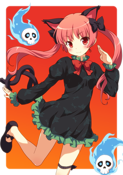 Anime picture 1240x1754 with touhou kaenbyou rin yamasan single long hair tall image blush red eyes twintails animal ears red hair cat ears cat girl cat tail extra ears ghost girl dress bow hair bow