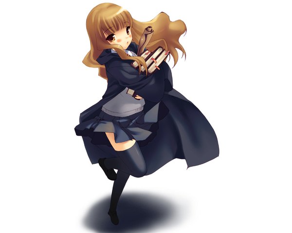 Anime picture 1024x819 with harry potter hermione granger single long hair blush open mouth simple background brown hair white background brown eyes girl thighhighs skirt uniform black thighhighs school uniform book (books) cape