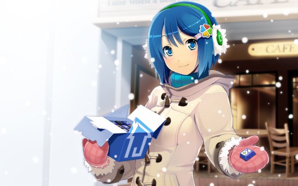 Anime picture 1440x900 with os-tan windows 7 madobe nanami wakaba sprout short hair blue eyes wide image blue hair snowing snow girl mittens pink gloves