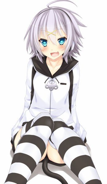 Anime picture 698x1200 with original suterii single tall image looking at viewer blush short hair open mouth blue eyes silver hair teeth fang (fangs) girl thighhighs headphones striped thighhighs