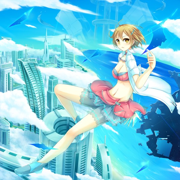 Anime picture 2000x2000 with vocaloid meiko sakakidani single looking at viewer highres short hair brown hair brown eyes sky cloud (clouds) city flying girl skirt building (buildings) skirt set leggings