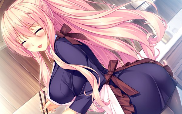 Anime picture 1280x800 with boku to koi suru ponkotsu akuma. kiritani reika sayori single long hair blush fringe breasts open mouth light erotic blonde hair smile hair between eyes large breasts standing holding game cg ass ponytail eyes closed