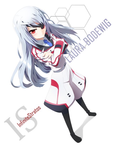 Anime picture 2000x2550 with infinite stratos 8bit laura bodewig grune single long hair tall image highres red eyes white background silver hair crossed arms girl uniform necktie eyepatch
