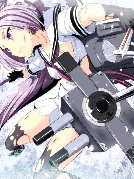 Anime picture 900x1200 with kantai collection hatsuharu destroyer gin'ichi (akacia) single long hair tall image looking away purple hair pink eyes torn clothes girl thighhighs gloves weapon black thighhighs water black gloves gun sailor suit