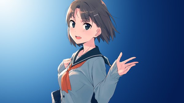 Anime picture 3840x2160 with original kinta (distortion) assassinwarrior single fringe highres short hair open mouth blue eyes simple background smile brown hair wide image absurdres upper body :d sleeves past wrists blue background girl uniform