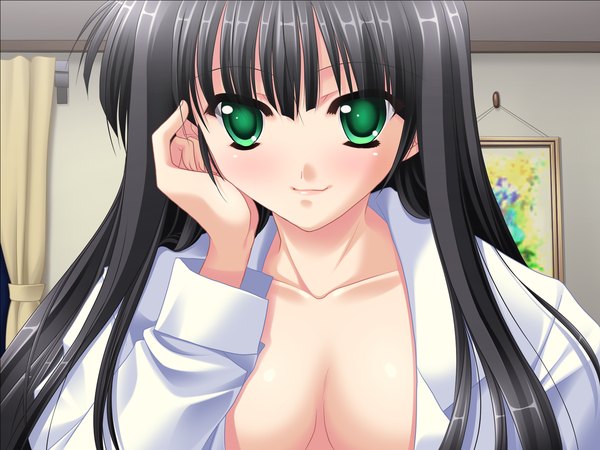 Anime picture 1600x1200 with intruder misaki shizuyo yamamoto kazue long hair breasts light erotic black hair green eyes game cg open clothes open shirt girl