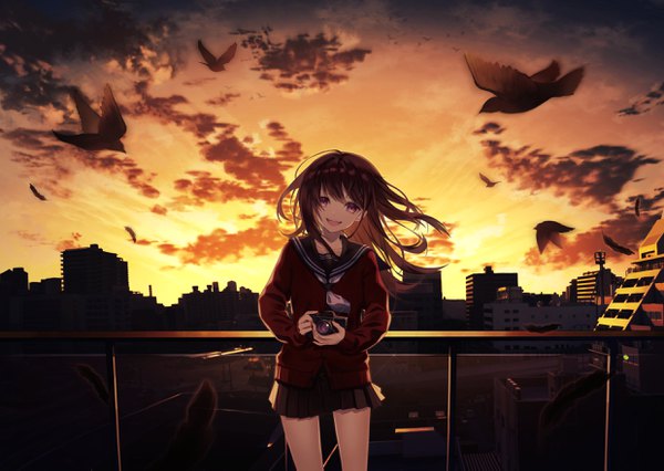 Anime picture 2480x1761 with original haizome senri single long hair looking at viewer fringe highres open mouth black hair smile hair between eyes standing purple eyes holding cloud (clouds) head tilt :d pleated skirt floating hair city