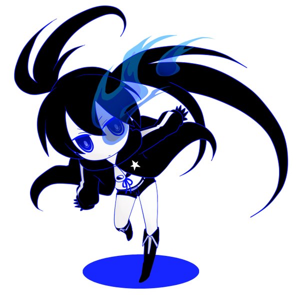 Anime picture 1320x1297 with black rock shooter black rock shooter (character) kanna (chaos966) single long hair blue eyes black hair simple background white background twintails glowing glowing eye (eyes) girl gloves shorts cloak