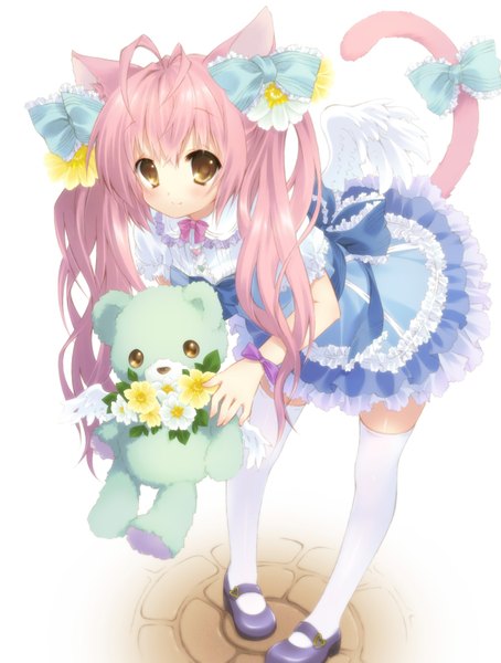 Anime picture 1240x1638 with original puu (kari---ume) single long hair tall image blush twintails animal ears yellow eyes pink hair tail animal tail cat ears cat girl cat tail girl thighhighs dress flower (flowers) bow