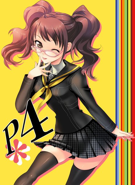 Anime picture 733x1000 with persona 4 persona kujikawa rise uk-works single long hair tall image brown hair twintails brown eyes one eye closed wink zettai ryouiki girl thighhighs skirt uniform black thighhighs school uniform glasses