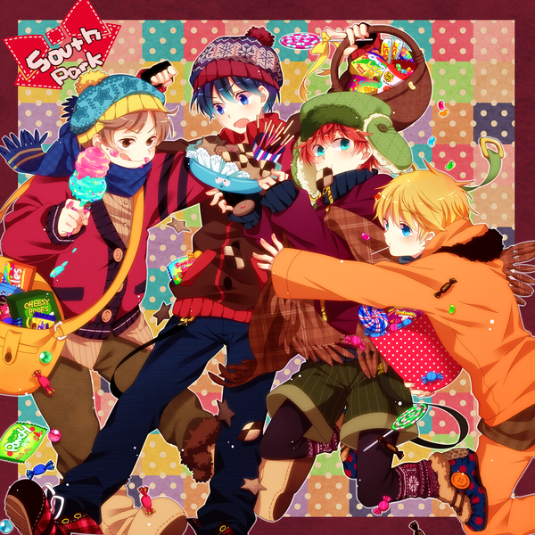 Anime picture 1260x1260 with south park eric theodore cartman kenny mccormick kyle broflovski stanley randall marsh shiguko blush short hair open mouth blue eyes blonde hair brown hair brown eyes green eyes red hair aqua eyes inscription mouth hold group polka dot