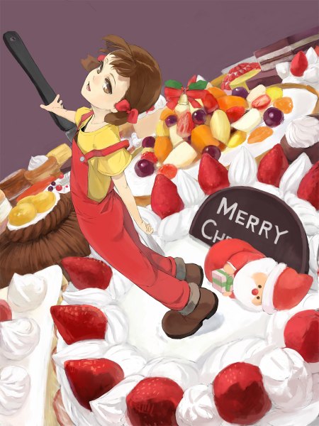 Anime picture 900x1200 with fujiya santa claus peko-chan kuroko (piii) single tall image looking at viewer short hair brown hair twintails short twintails christmas merry christmas girl bow hair bow food sweets berry (berries) cake