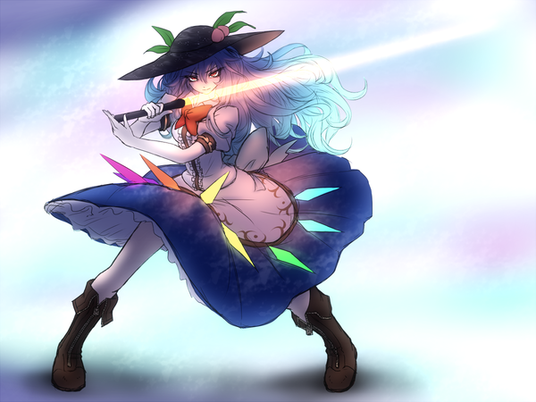Anime picture 1200x900 with touhou hinanawi tenshi miata (pixiv) single long hair looking at viewer fringe simple background hair between eyes red eyes blue hair full body puffy sleeves fighting stance white skin girl dress weapon hat sword
