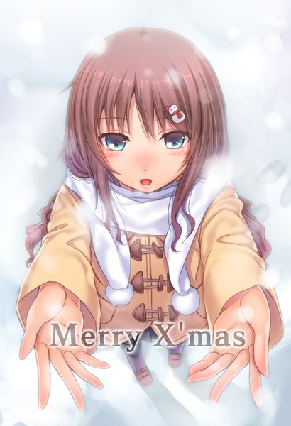 Anime picture 1024x1500 with original chobipero single long hair tall image blush open mouth blue eyes brown hair exhalation girl hair ornament jacket scarf hands