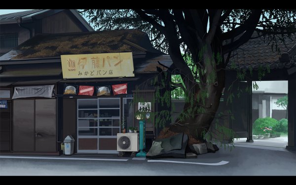 Anime picture 1280x800 with original kusakabe (artist) no people landscape street gate plant (plants) tree (trees) building (buildings) house shop signboard