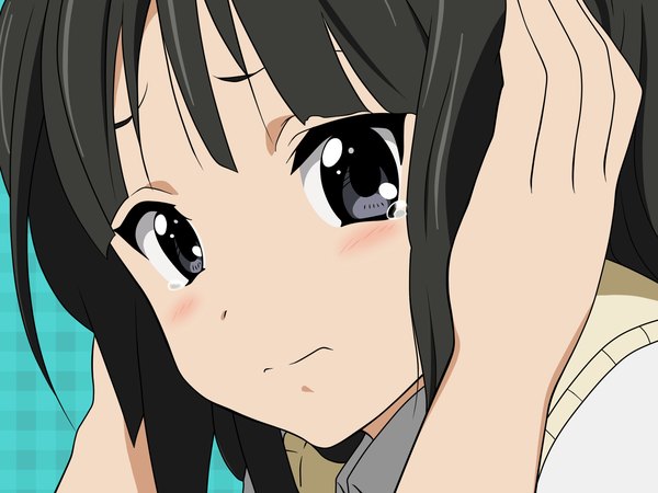 Anime picture 1600x1200 with k-on! kyoto animation akiyama mio single long hair looking at viewer black hair grey eyes tears close-up face arms behind head sad girl