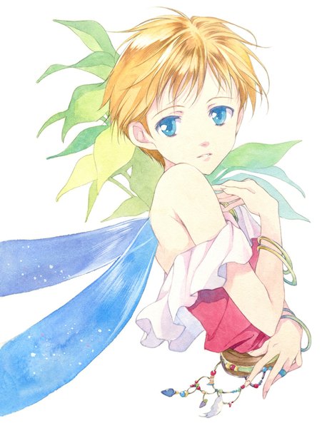 Anime picture 750x982 with gdleen fana (gdleen) agahari single tall image fringe short hair blue eyes blonde hair simple background white background bare shoulders looking away traditional media watercolor (medium) girl plant (plants) wings bracelet ring