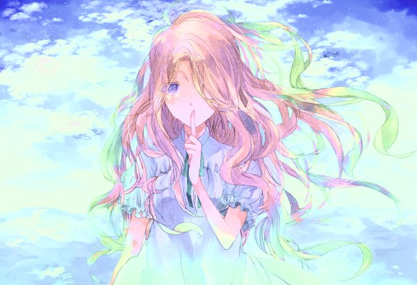 Anime picture 1800x1231 with omoide no marnie studio ghibli marnie punitama single long hair tall image blush fringe highres blue eyes blonde hair sky cloud (clouds) wind hair over one eye short sleeves tears wavy hair horizon