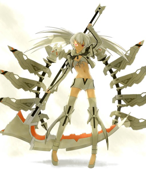 Anime picture 1100x1291 with black rock shooter white rock shooter nagian single long hair tall image red eyes white background twintails white hair glowing glowing eye (eyes) mechanical wings girl thighhighs shorts bikini top scythe white shorts