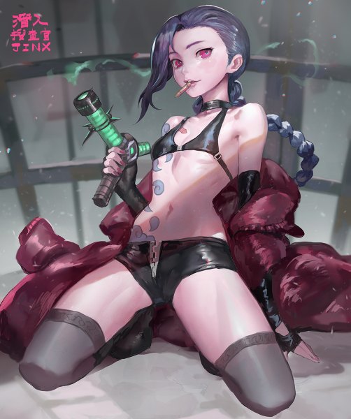 Anime picture 1003x1200 with league of legends jinx (league of legends) canking single long hair tall image light erotic blue hair pink eyes bare belly midriff tattoo kneeling girl thighhighs weapon black thighhighs shorts gun short shorts