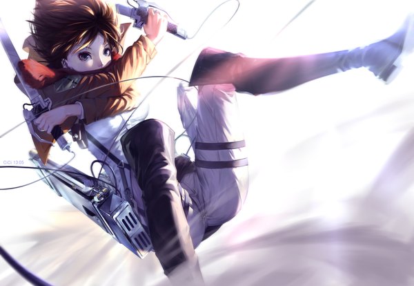 Anime picture 2200x1518 with shingeki no kyojin production i.g mikasa ackerman cici single highres short hair blue eyes brown hair holding open clothes open jacket dual wielding girl weapon sword boots scarf red scarf