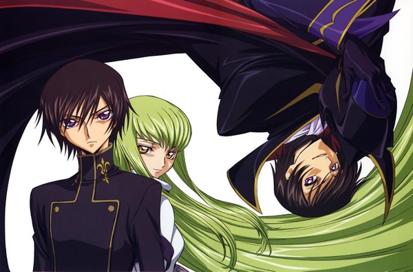 Anime picture 5792x3820 with code geass sunrise (studio) c.c. lelouch lamperouge zero (code geass) long hair looking at viewer fringe highres short hair brown hair white background purple eyes yellow eyes parted lips green hair light smile vector girl boy