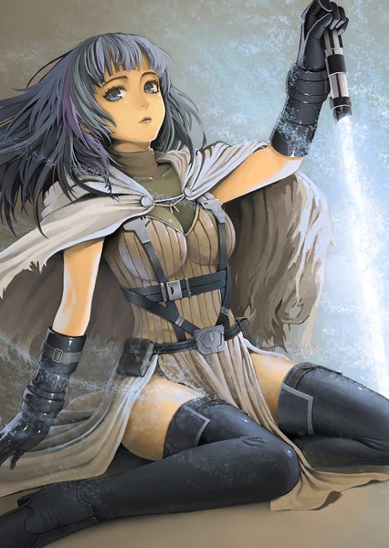 Anime picture 1066x1500 with star wars original jchoy single long hair tall image looking at viewer blue eyes sitting grey hair wariza girl dress gloves weapon sword thigh boots cape