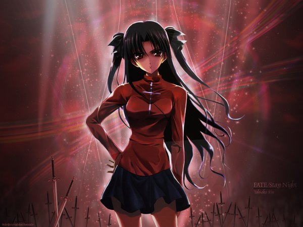 Anime picture 1600x1200 with fate (series) fate/stay night studio deen type-moon toosaka rin red background sword
