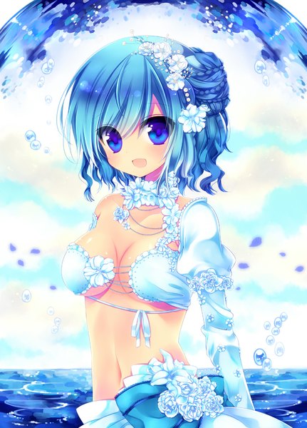 Anime picture 794x1104 with original konno kengo single tall image blush short hair open mouth blue eyes light erotic smile bare shoulders blue hair hair flower midriff navel hair ornament flower (flowers) water rose (roses) white rose