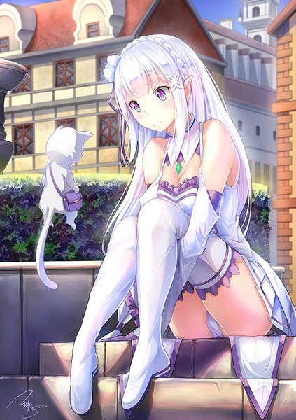 Anime picture 595x842 with re:zero kara hajimeru isekai seikatsu white fox emilia (re:zero) puck (re:zero) feihong long hair tall image blush light erotic sitting purple eyes looking away white hair pointy ears pantyshot pantyshot sitting girl thighhighs dress underwear