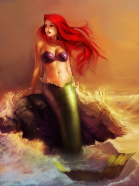 Anime picture 750x1000 with the little mermaid disney ariel wakkawa single long hair tall image light erotic bare shoulders looking away red hair tail wind midriff fish tail girl navel water sea mermaid