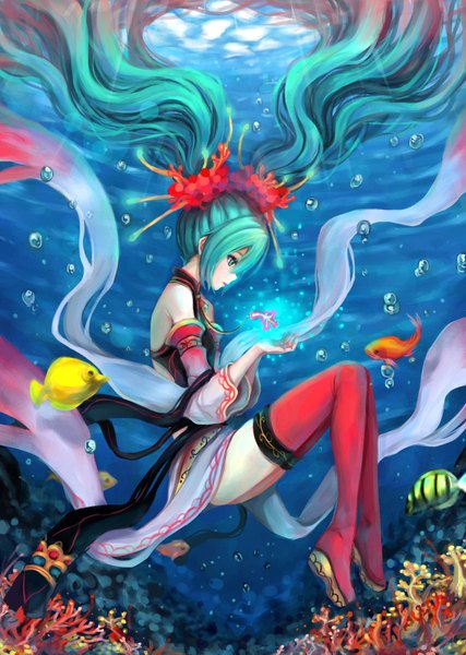 Anime picture 3000x4215 with vocaloid hatsune miku gyakushuu no hoshiumi single tall image highres twintails very long hair profile aqua eyes aqua hair underwater girl thighhighs dress hair ornament detached sleeves fish (fishes)