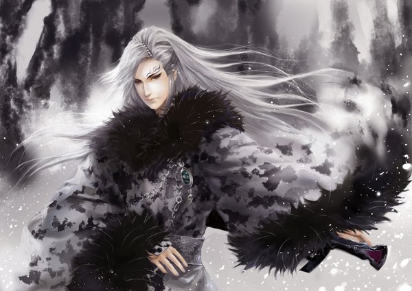 Anime picture 1440x1018 with tagme (character) shuiyituzi single long hair brown eyes white hair tattoo boy sword fur chain