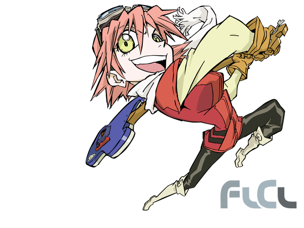 Anime picture 1600x1200 with flcl gainax haruhara haruko short hair yellow eyes transparent background girl gloves goggles guitar