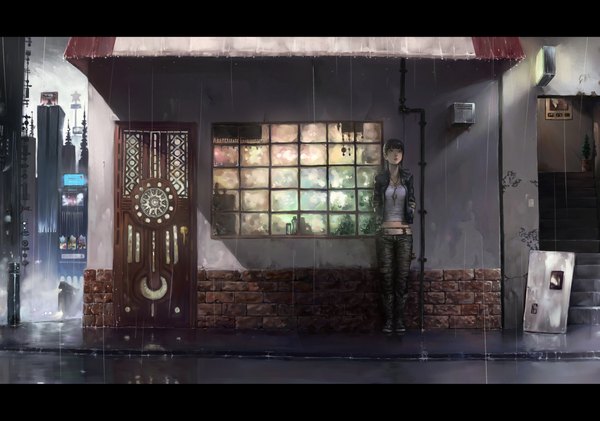 Anime picture 4797x3366 with original yuzu nooto highres black hair absurdres ponytail midriff city letterboxed rain hand in pocket street girl boots belt window jewelry stairs shop