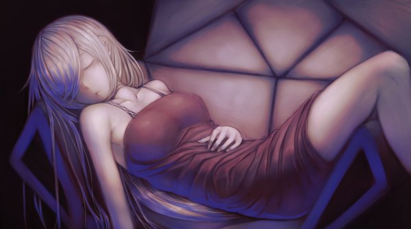 Anime picture 1429x800 with original mstm single long hair fringe blonde hair wide image lying eyes closed hair over one eye sleeping girl dress couch
