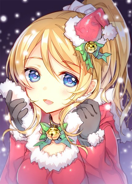 Anime picture 700x979 with love live! school idol project sunrise (studio) love live! ayase eli yadapot single long hair tall image looking at viewer blush open mouth blue eyes blonde hair smile ponytail night night sky fur trim snowing christmas