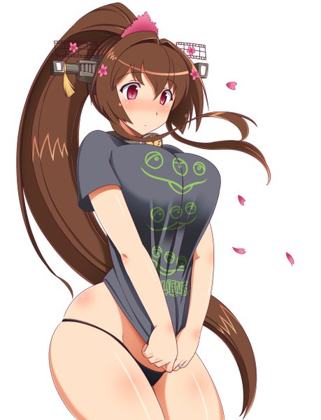 Anime picture 944x1234 with kantai collection yamato super battleship shin'en (gyokuro company) single long hair tall image blush breasts light erotic simple background brown hair large breasts white background ponytail pink eyes hair flower clothes writing girl hair ornament underwear